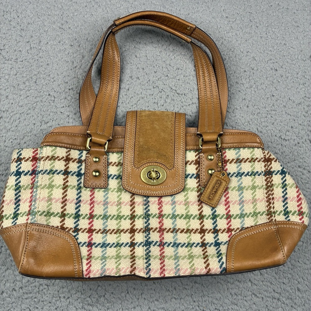 Coach Tattersall Plaid Wool Satchel F13987 Hamptons Turnlock Tan Leather Bag